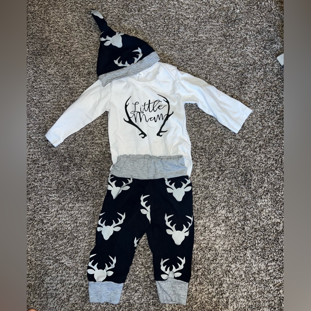 Little man, deer outfit with onesie, hat and pants, 3-6 months, navy and gray